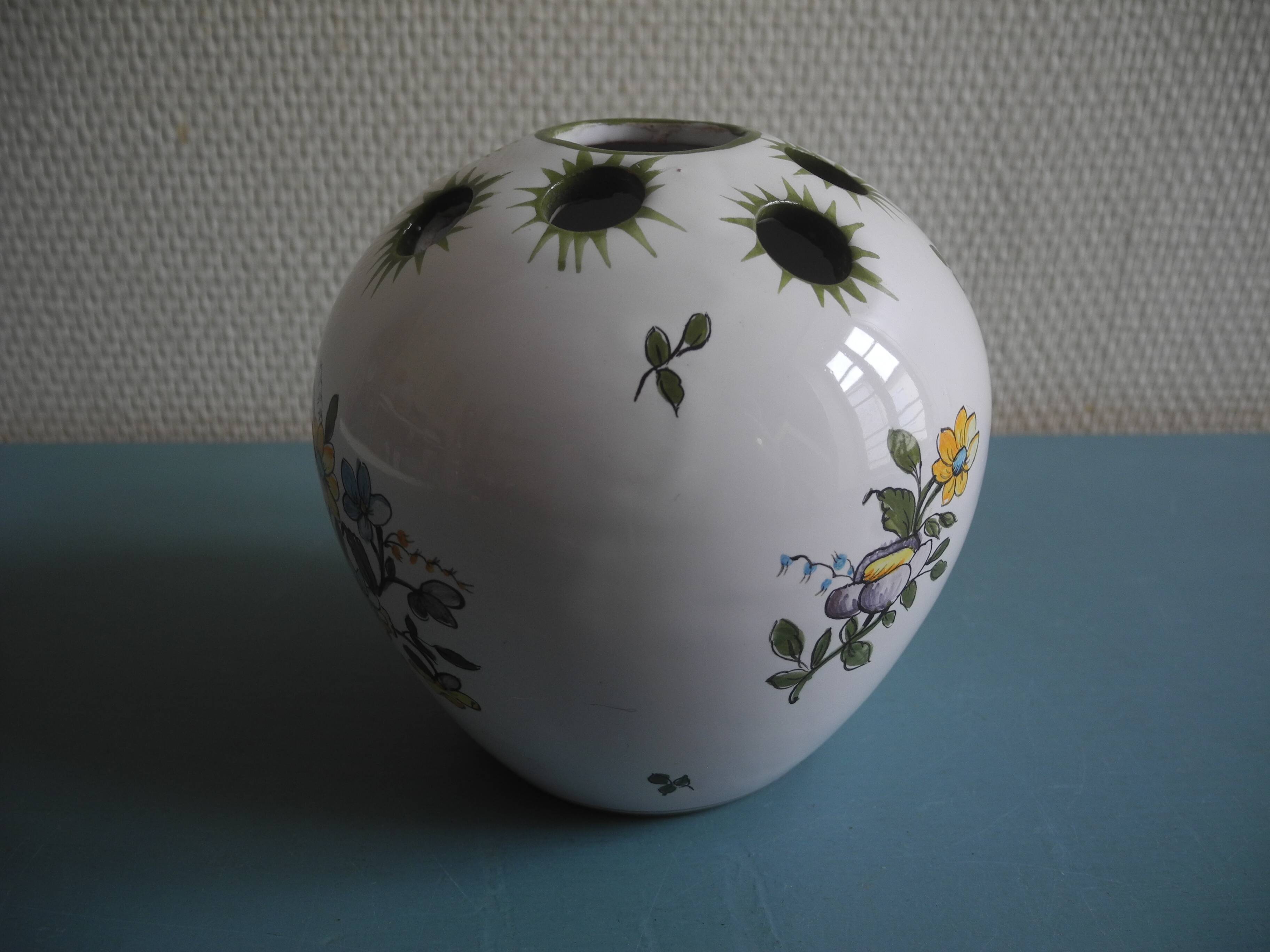 Lallier Moustiers vintage French vase bouquetière with floral decoration in faience.