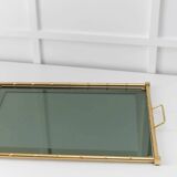 Doré Gold-Plated Bamboo Tray with Smoked Glass Insert – Hollywood Regency, 1960s