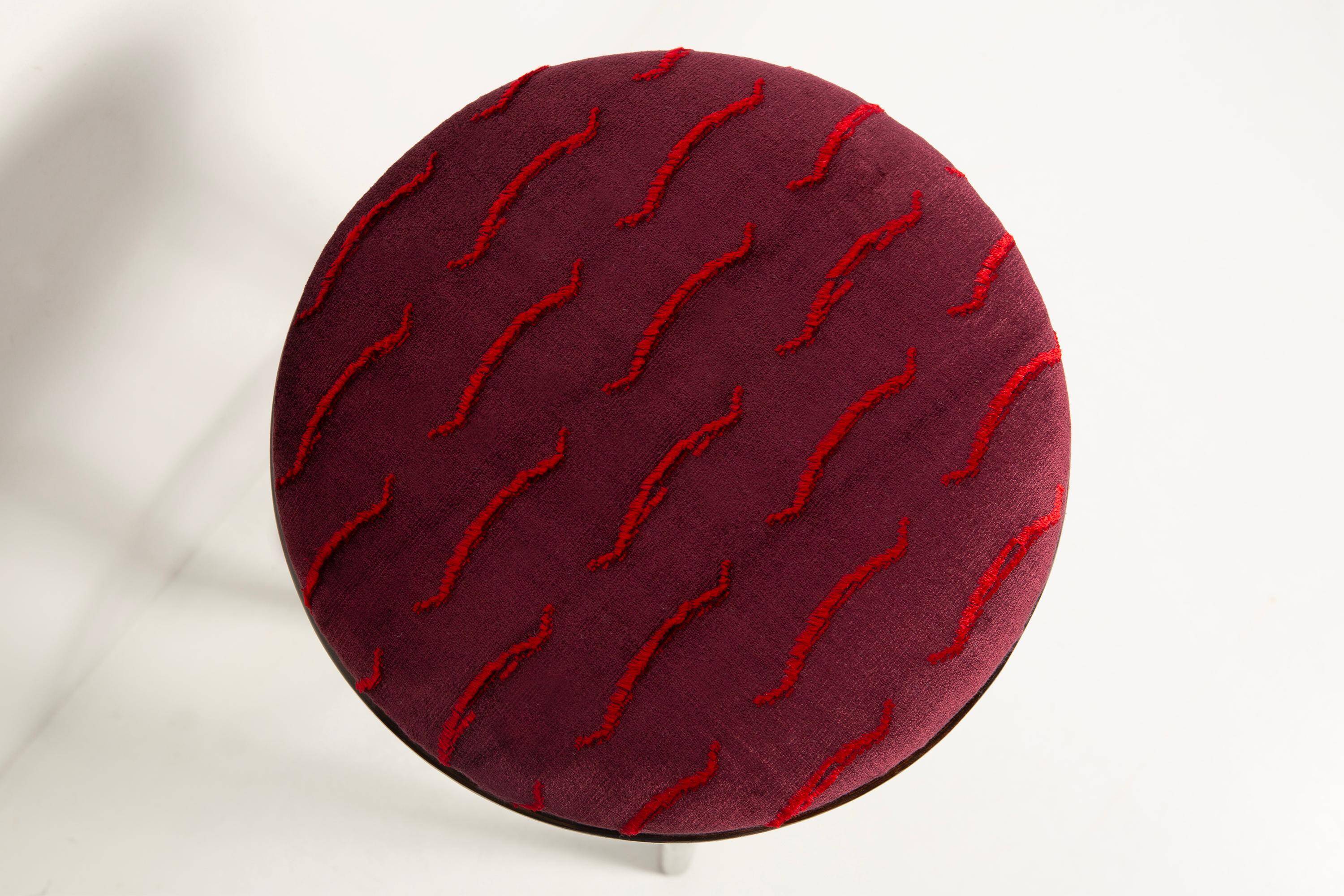 Bordeaux mid-century bar stool in velvet New Waves by Dedar, Europe, 1960s