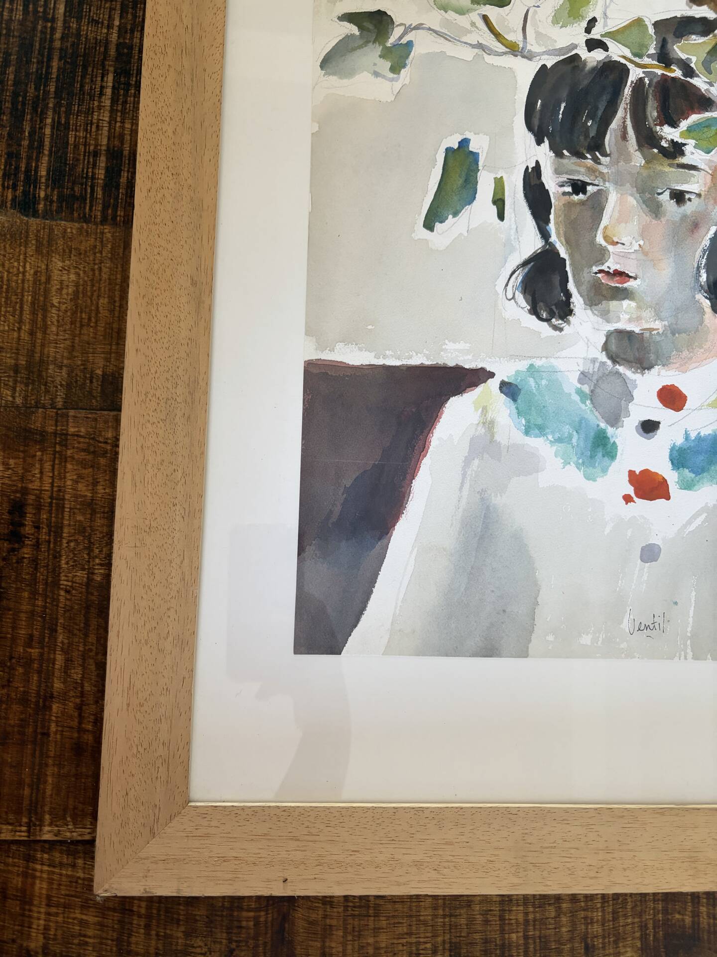 Femme aux feuilles, aquarelle sur papier, signée Ventil