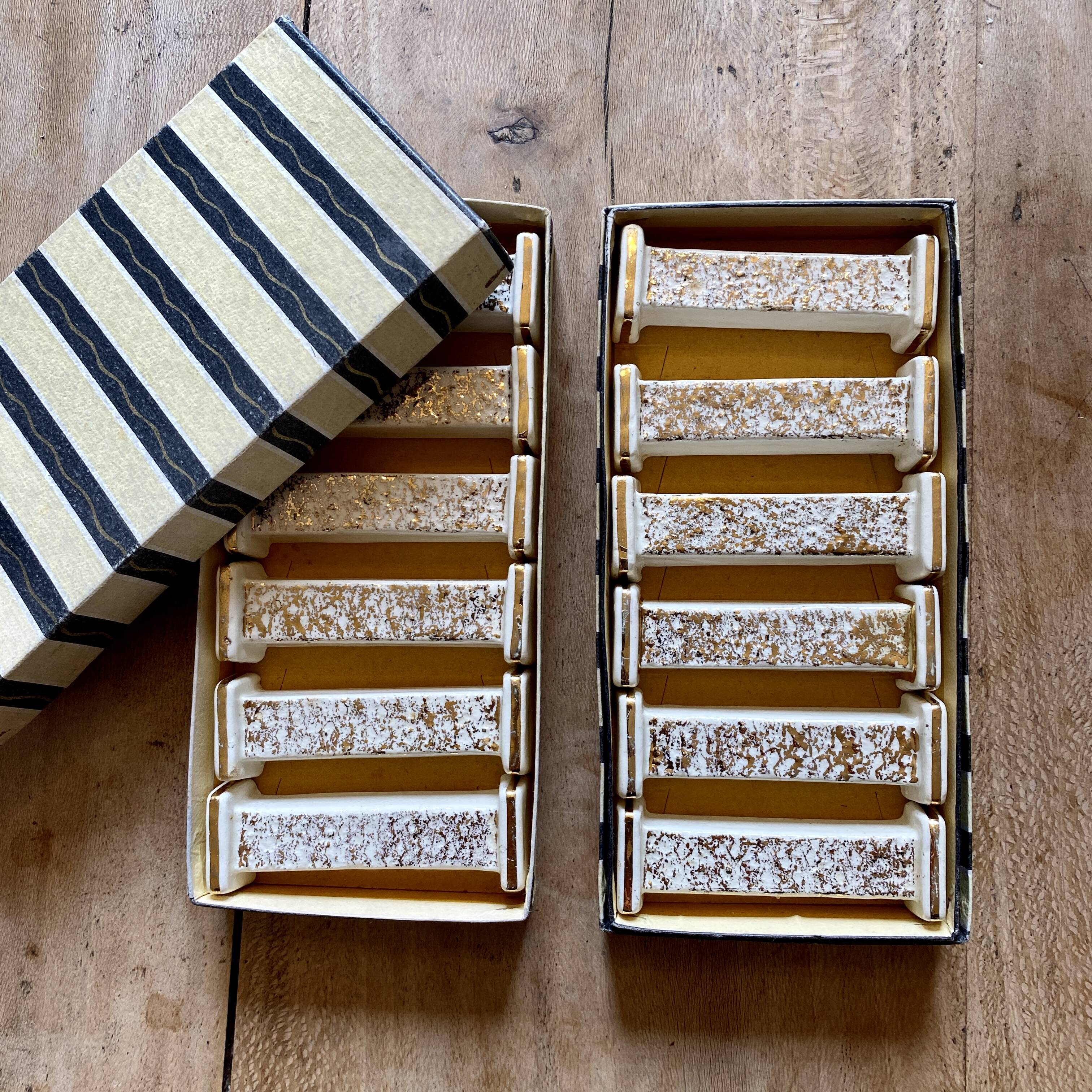 Set of 10 vintage art deco knife holders in white and gold ceramic