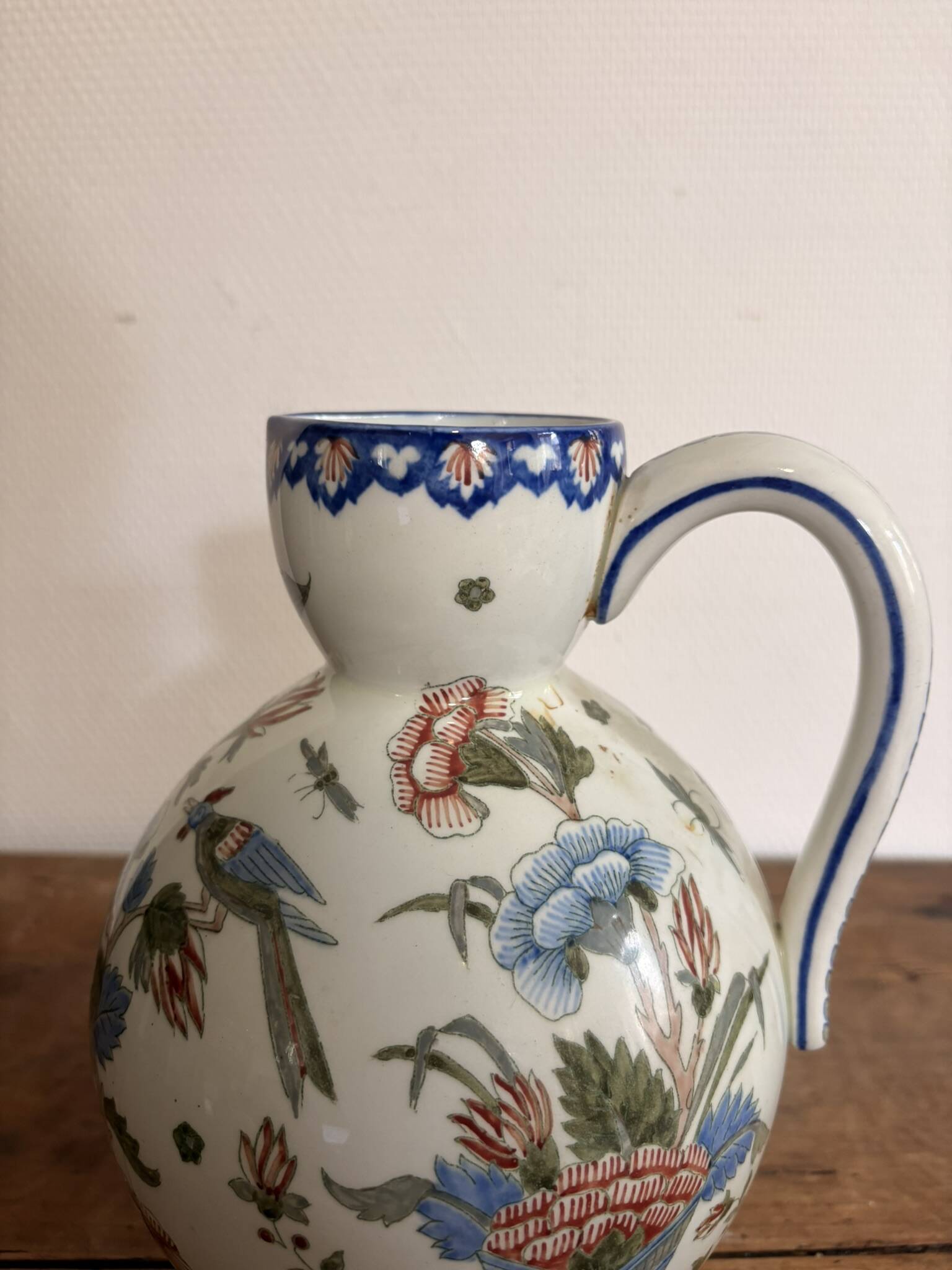Aiguière, pichet en faïence de Gien ancien décor Rouen corne d'abondance, XIXe
