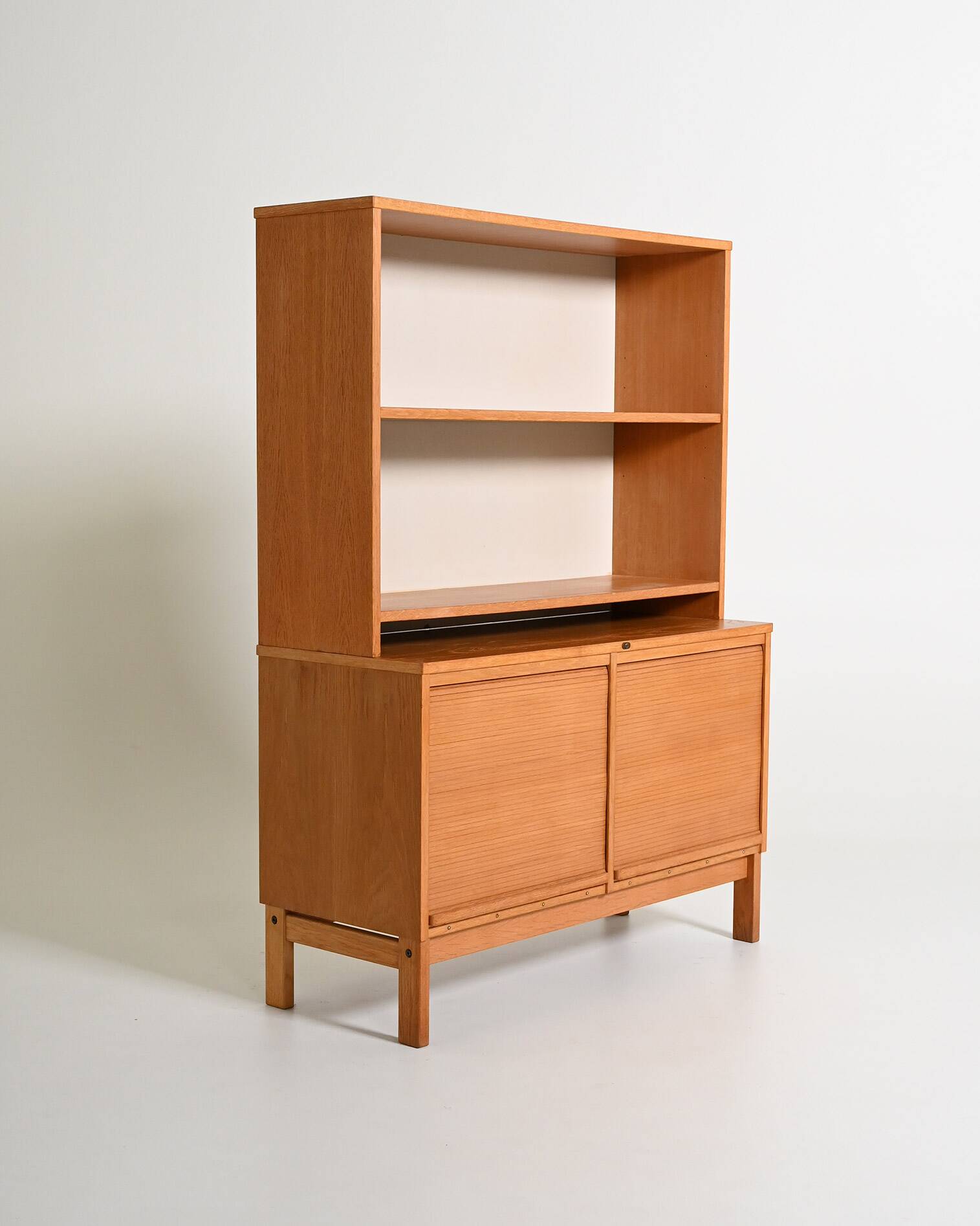 Oak cabinet with tambour doors with upper shelves, 1960s