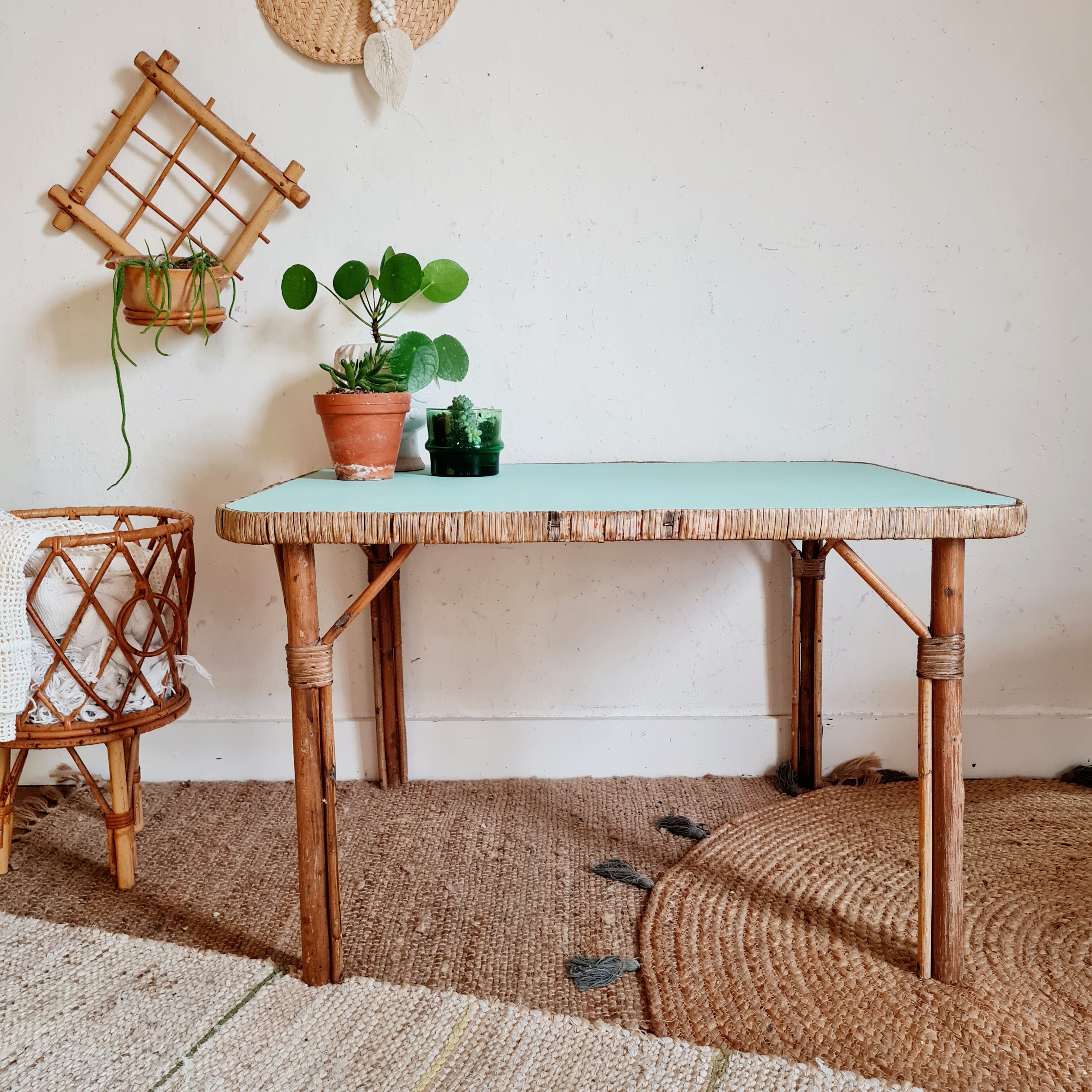 Rattan coffee table blue top
