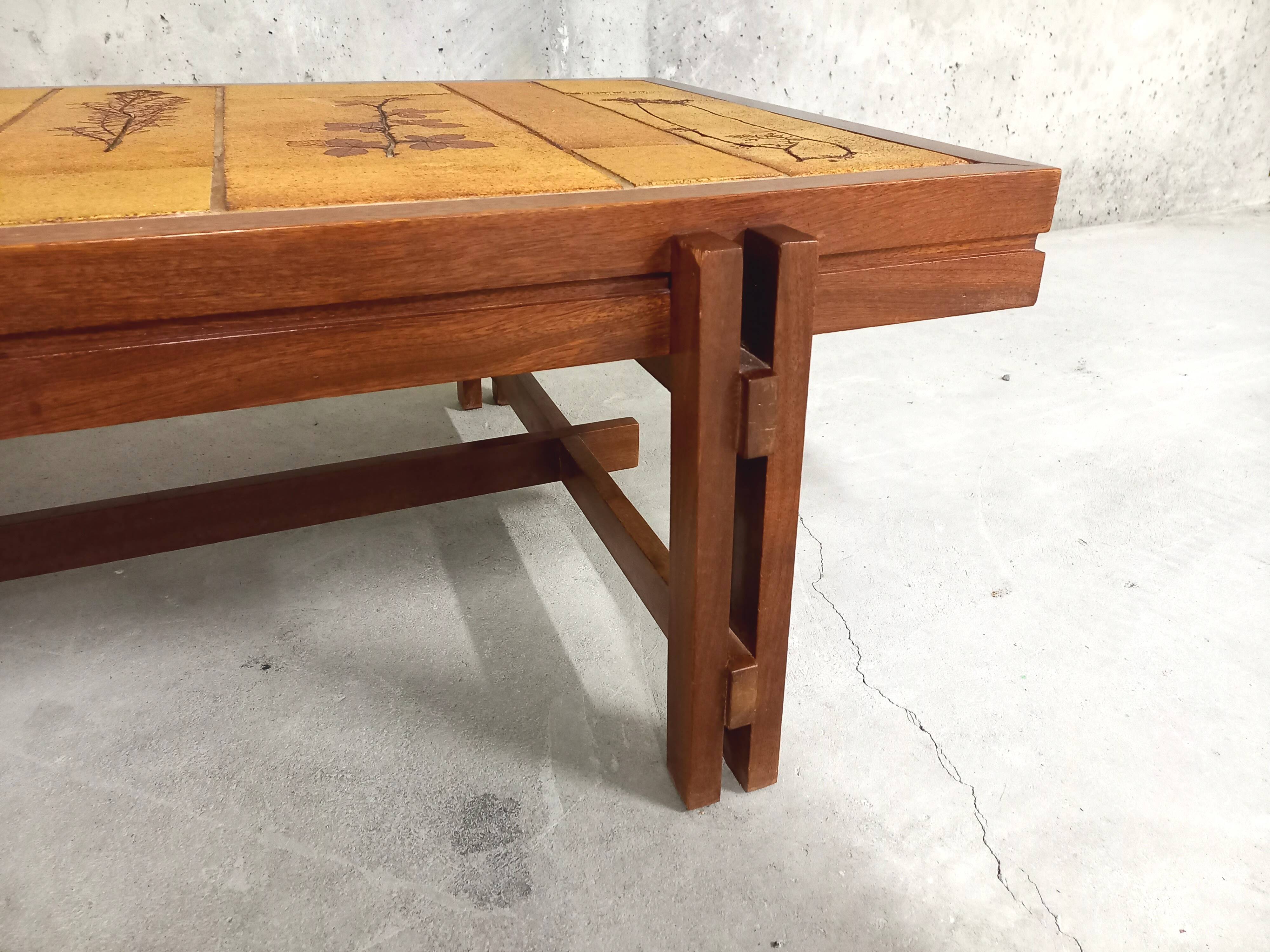 Vintage coffee table in wood and ceramics of Vallauris 60s 70s