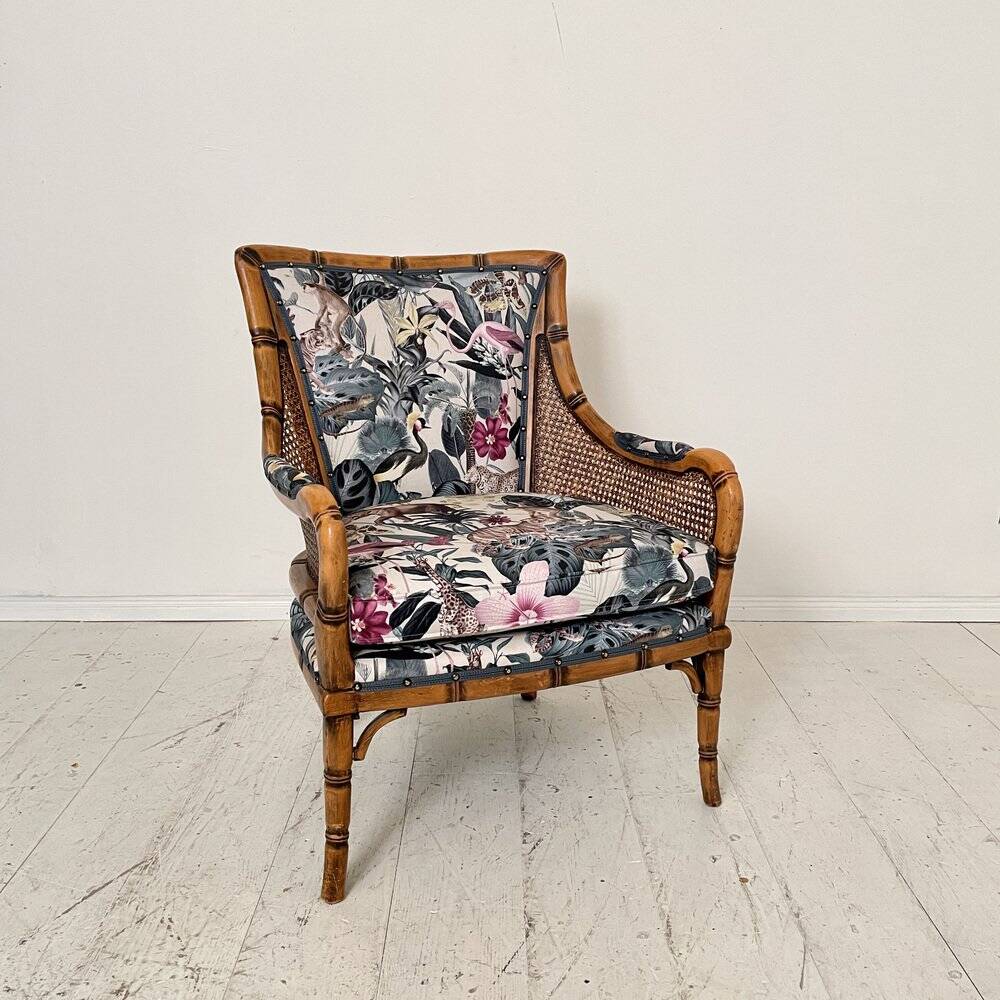 Mid-Century French Armchair in Bamboo Style with Animal Print Fabric, 1980