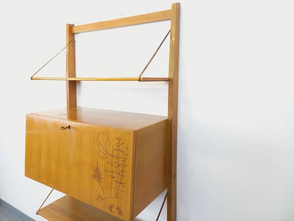 Bibliothèque étagère murale avec secrétaire bar vintage en bois clair