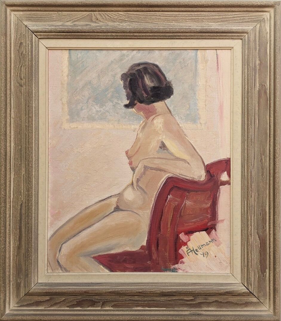 1949 Mid-Century Modern "Gaze Away" Swedish Nude Portrait Oil Painting, Framed