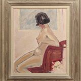 1949 Mid-Century Modern "Gaze Away" Swedish Nude Portrait Oil Painting, Framed