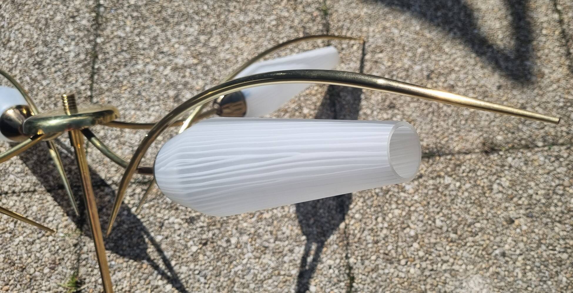 4-light pendant light, brass and opaline, Maison Lunel, Paris, vintage 1950s