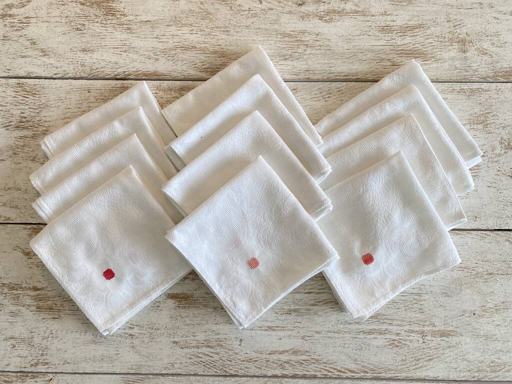 Lot de 12 serviettes damassées brodées à la main - 48x48 cm - Coton