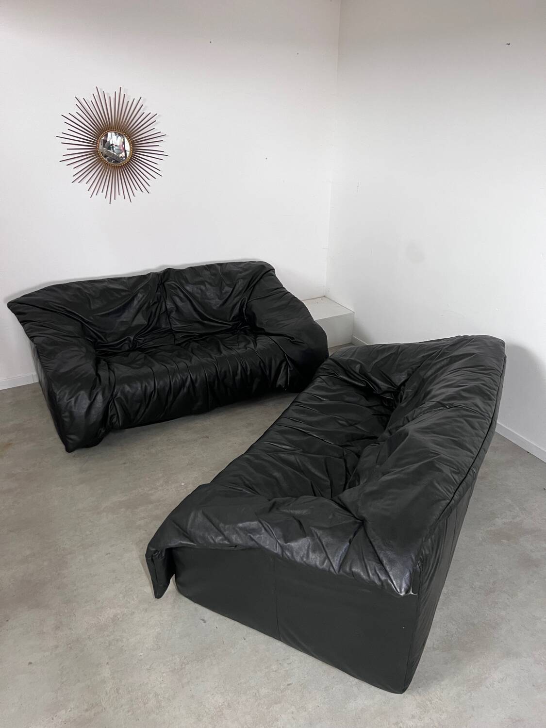 Vintage sofa set roset line Flou Flou designer sofa 80s black leather
