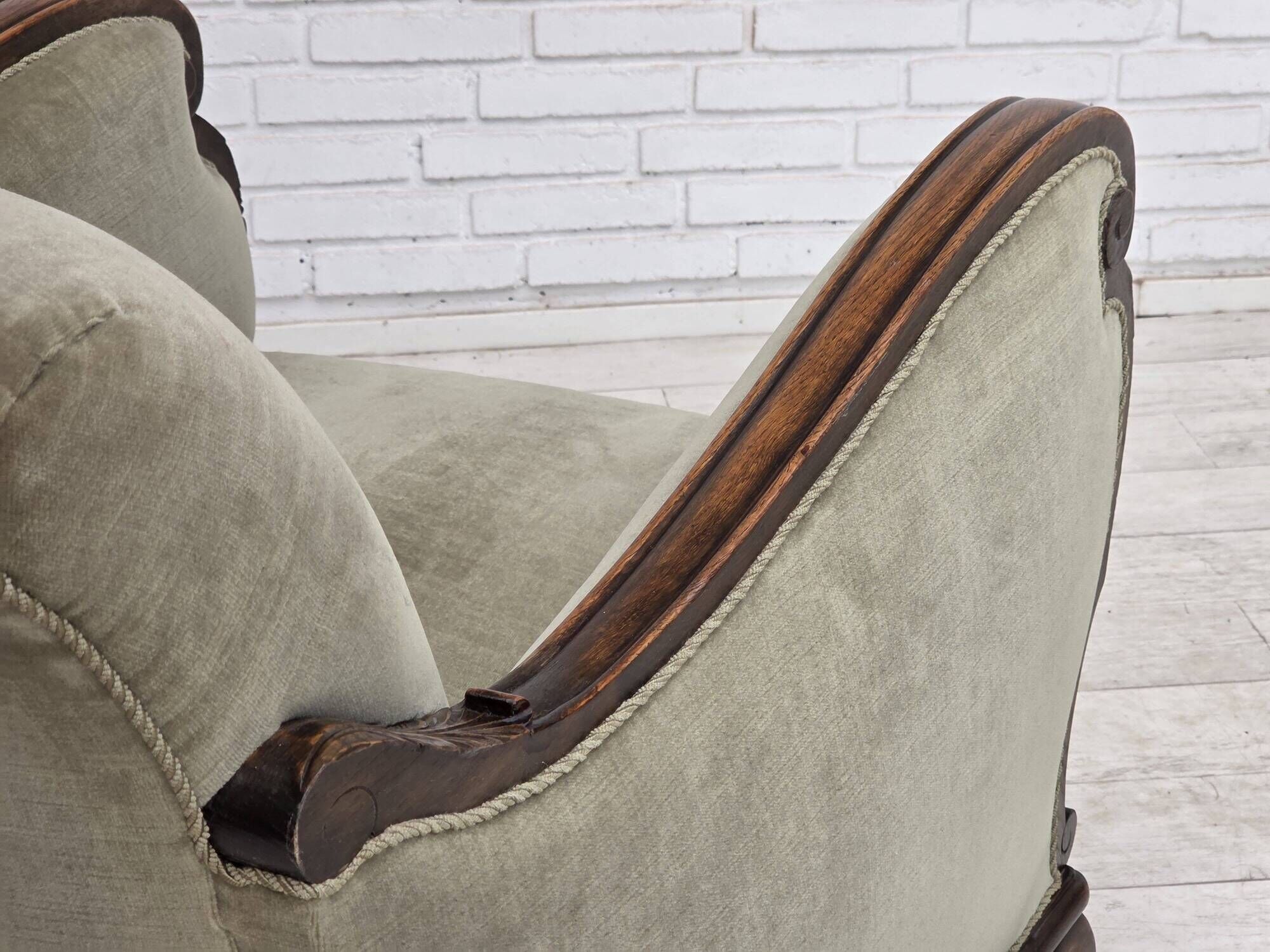 1950s, Danish relax armchair, furniture velour, carved oak wood.