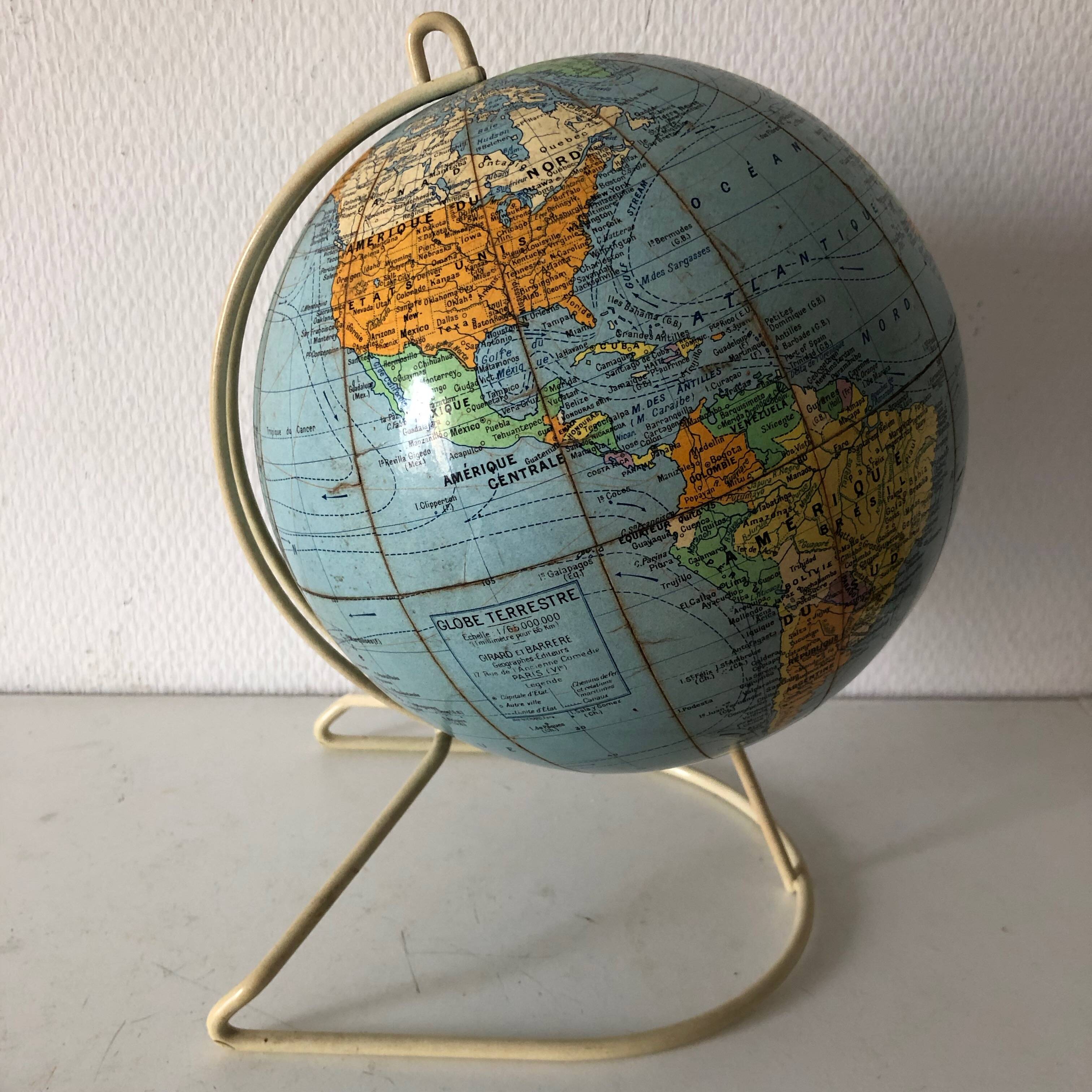 Globe terrestre vintage 1960 Girard Barrère crème - 26 cm