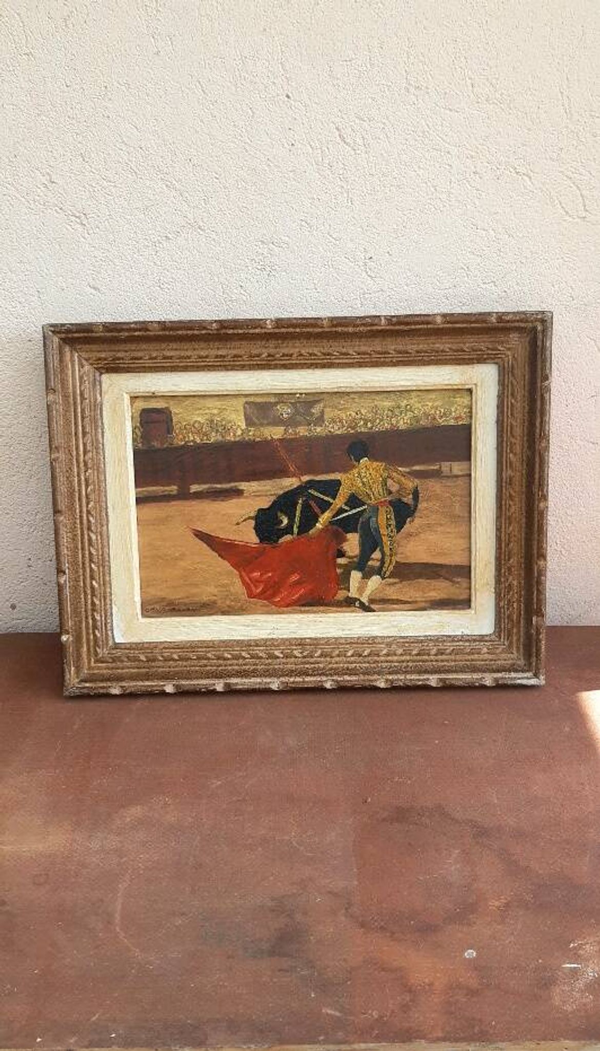 Oil on cardboard, bullfighting scene, mid-20th century.