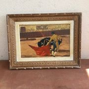 Oil on cardboard, bullfighting scene, mid-20th century.