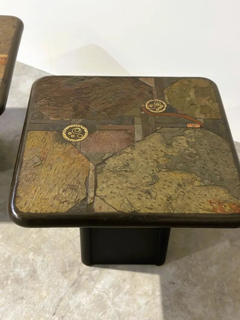 Pair of vintage Kneipp side tables with sculptural tops in mixed materials, 1970s