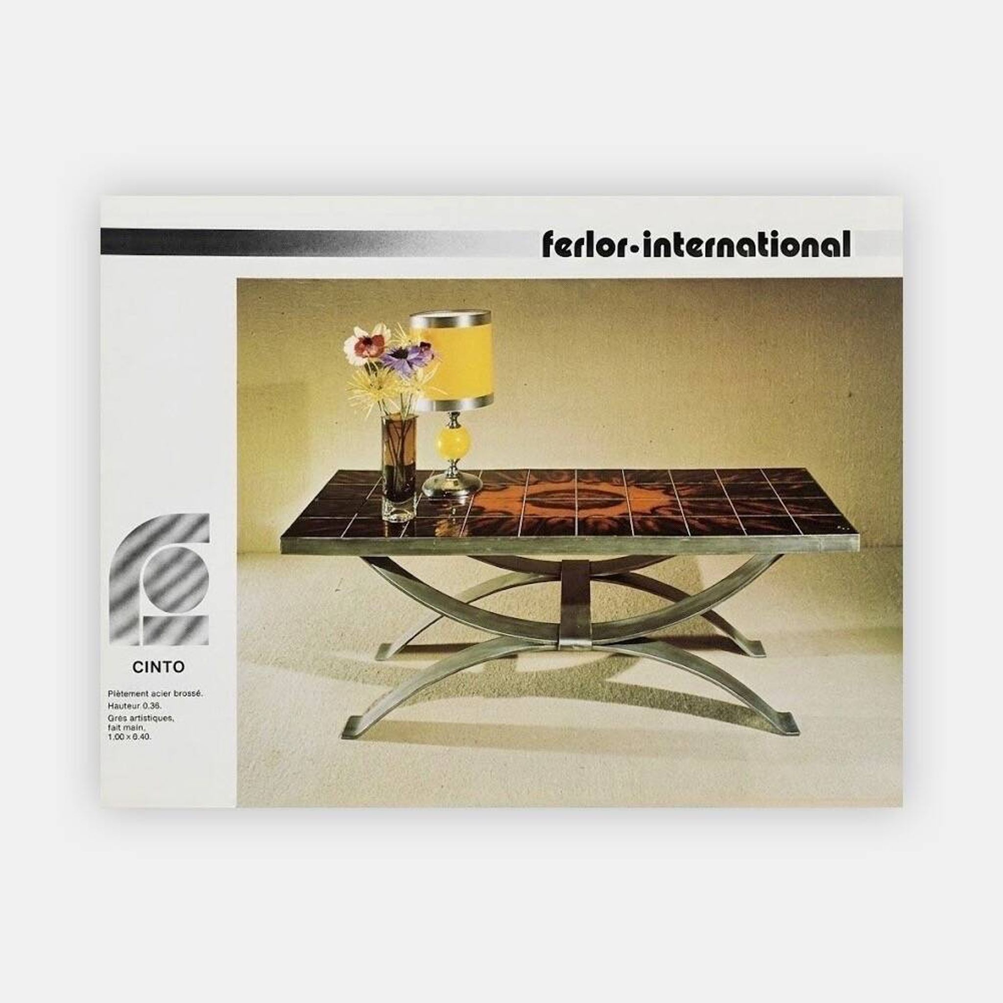 Ferlor International coffee table in brushed steel and ceramic from the 1970s.