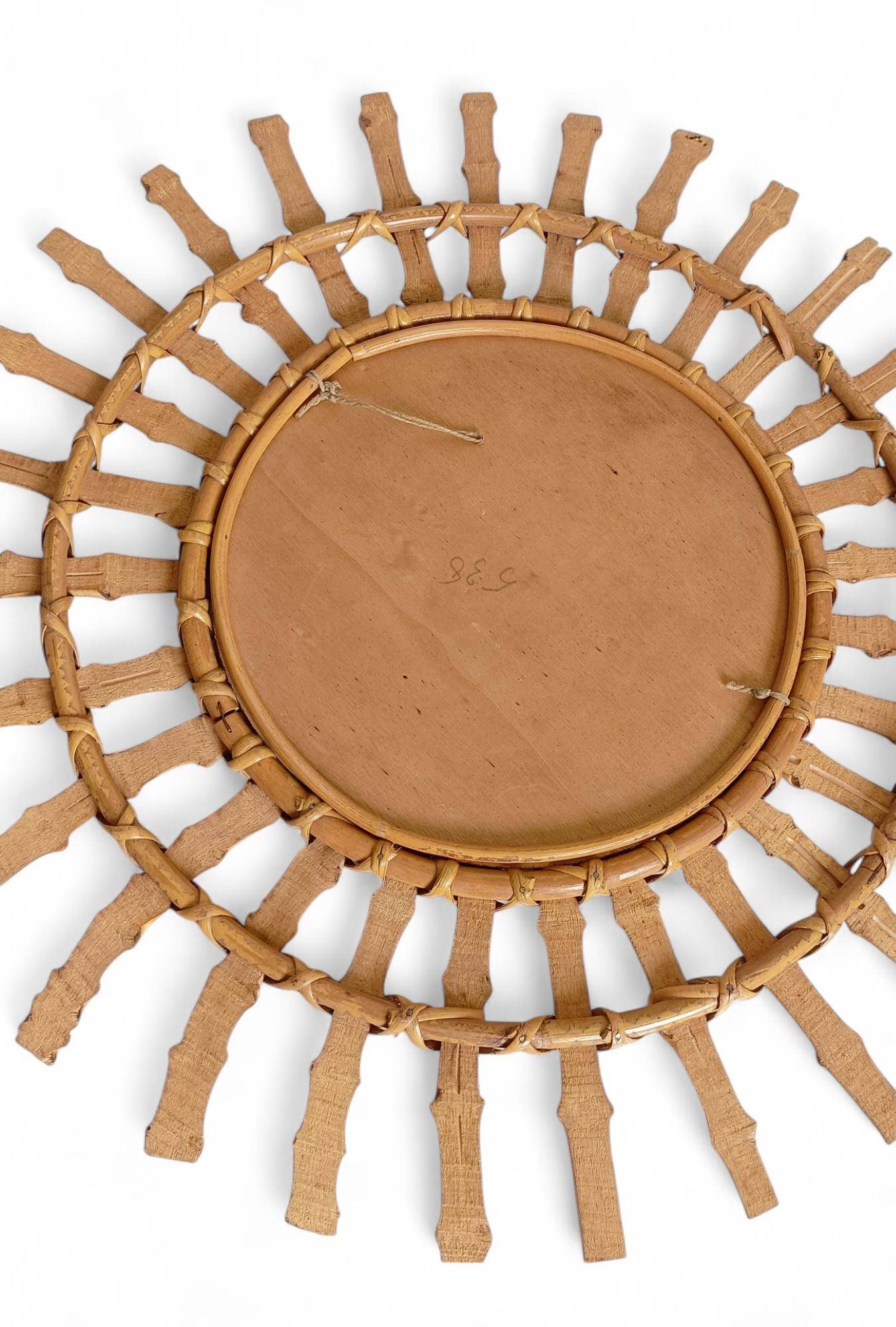 Midcentury Sunburst Mirror, Bamboo & Rattan, Handmade in France, 1950s