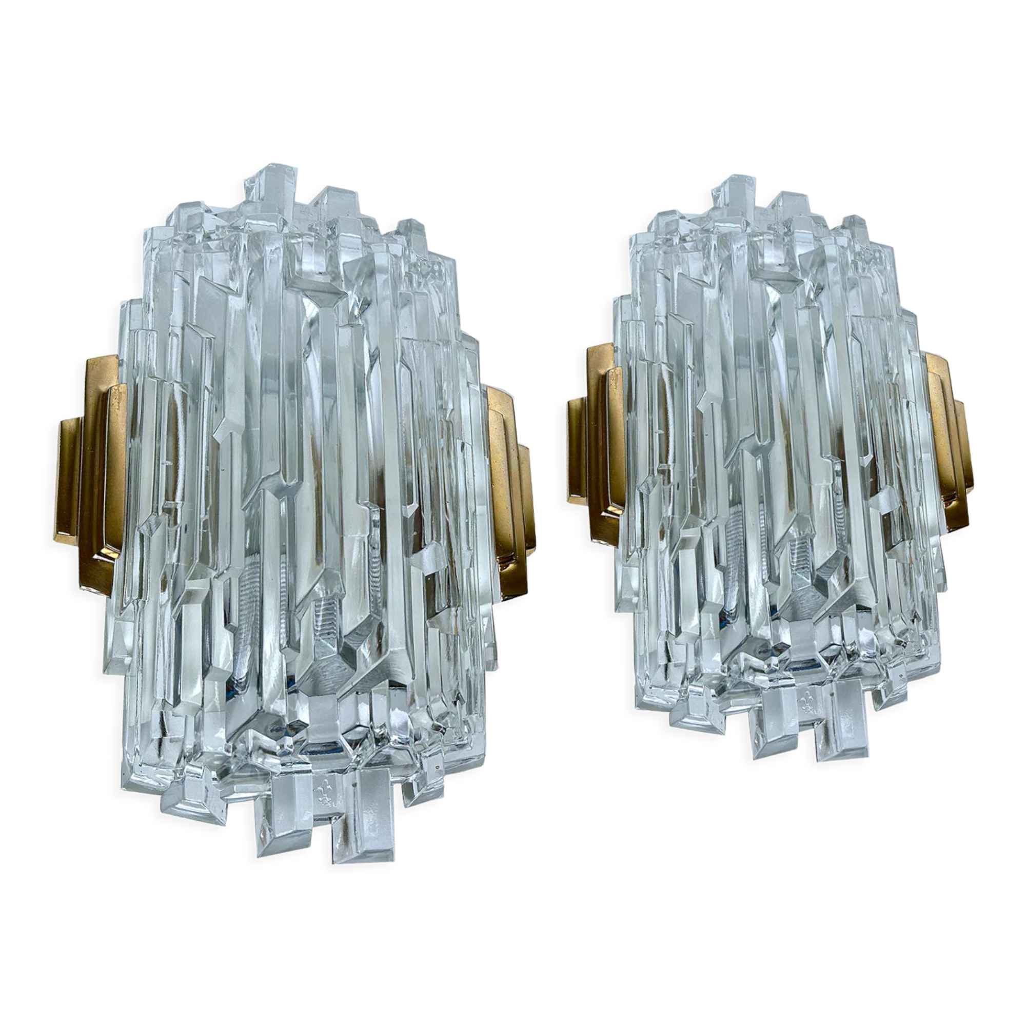 Pair of vintage wall lamps, glass and bronze gilded with fine gold
