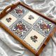 Vintage wooden and earthenware tray from Gien with Peonies decor