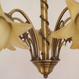 Vintage 5-light chandelier in metal with a bronze effect and flower-shaped lampshades, France.