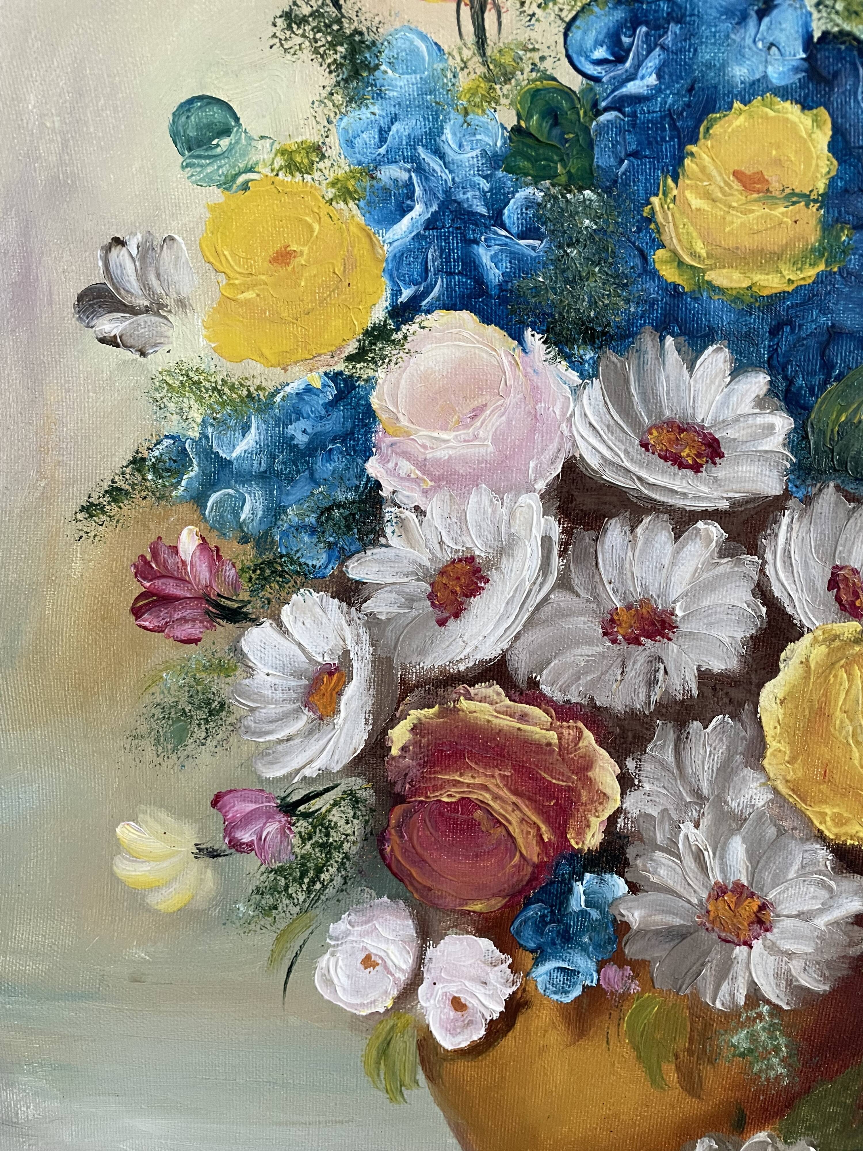 Oil painting, still life with bouquet, flowers, signed betez, floral decor, wooden frame, art