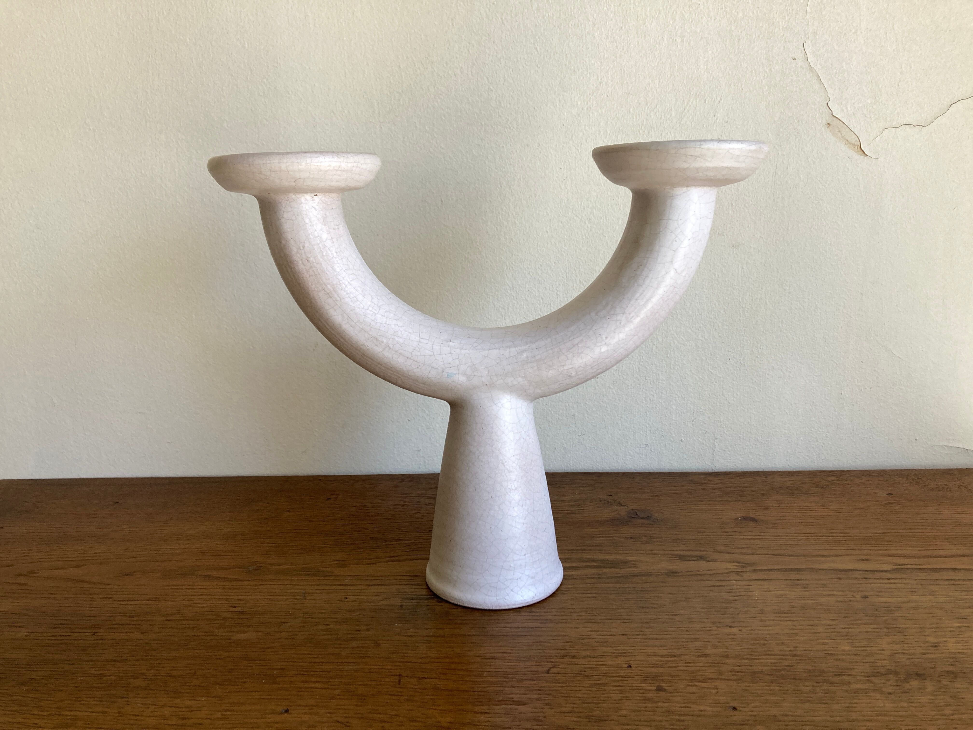 Brutalist candle holder made of white chamotte clay, 1980.