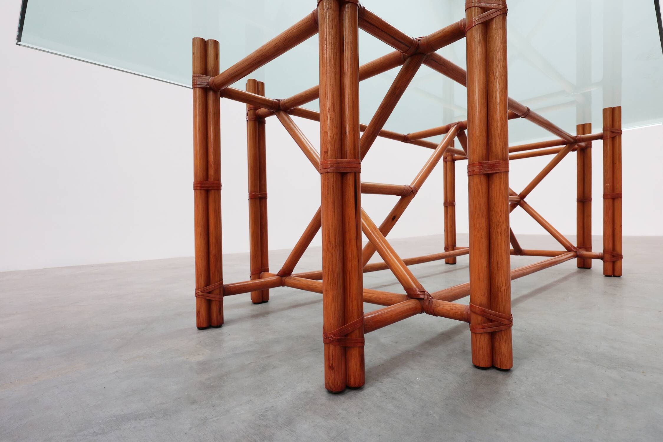 Large monumental bamboo dining table with glass top by Gasparucci, Italy