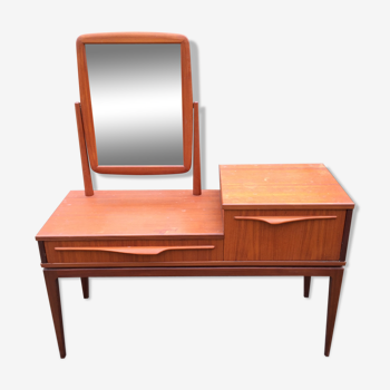 Coiffeuse vintage scandinave en teck avec 1 tiroir 1 abattant et son miroir  pivotant.