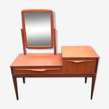 Vintage Scandinavian teak dressing table with 1 drawer 1 flap and its swivel mirror.
