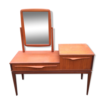 Coiffeuse vintage scandinave en teck avec 1 tiroir 1 abattant et son miroir  pivotant.