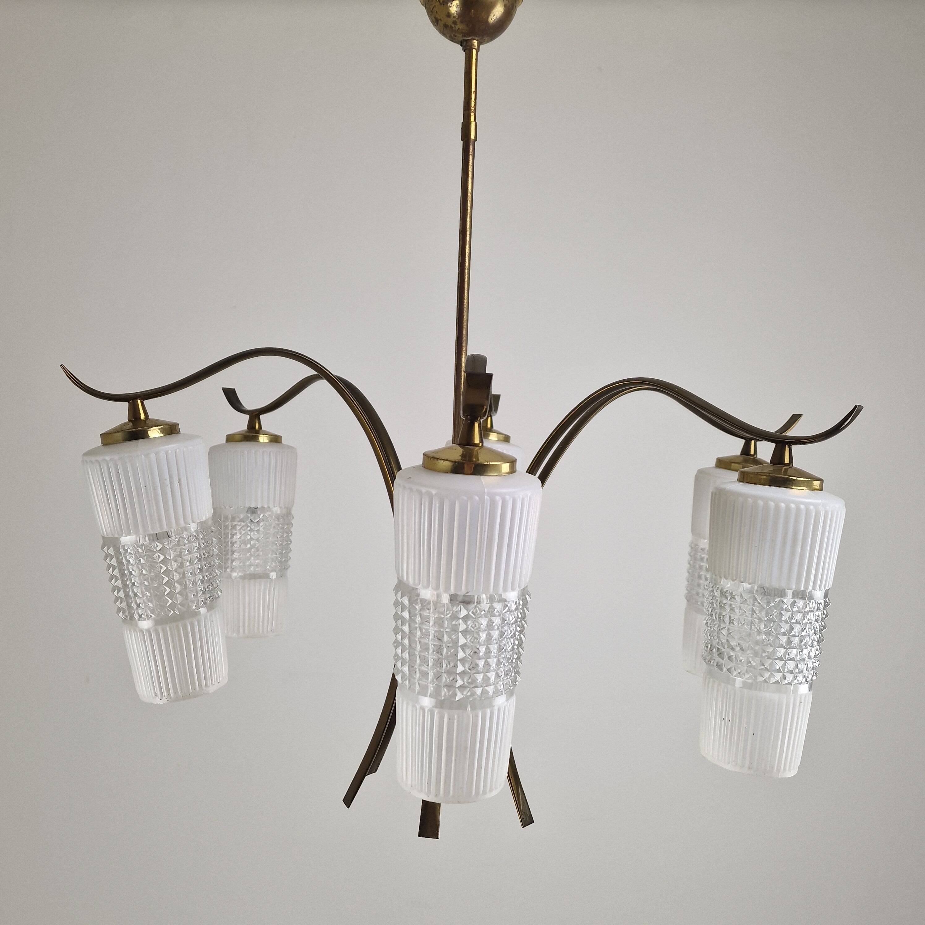 Italian Mid-Century Brass Chandelier with Murano Style Glass Shades, 1960's