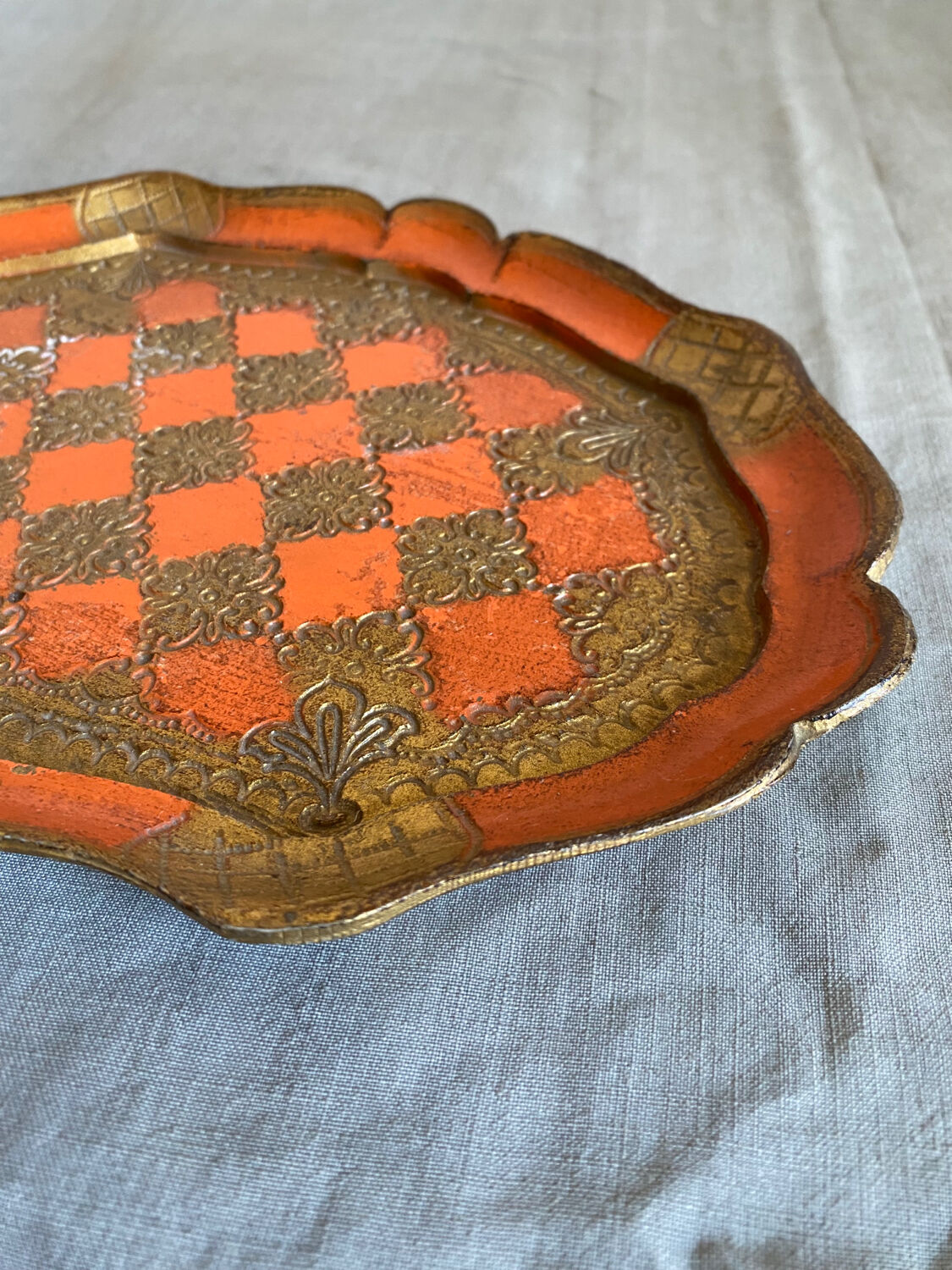 Venetian tray in orange and gold wood