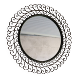 Large round vintage mirror in black metal with green patina