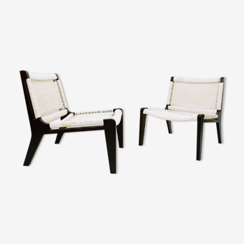 Paire de chaises longues modernes en corde blanche du milieu du siècle