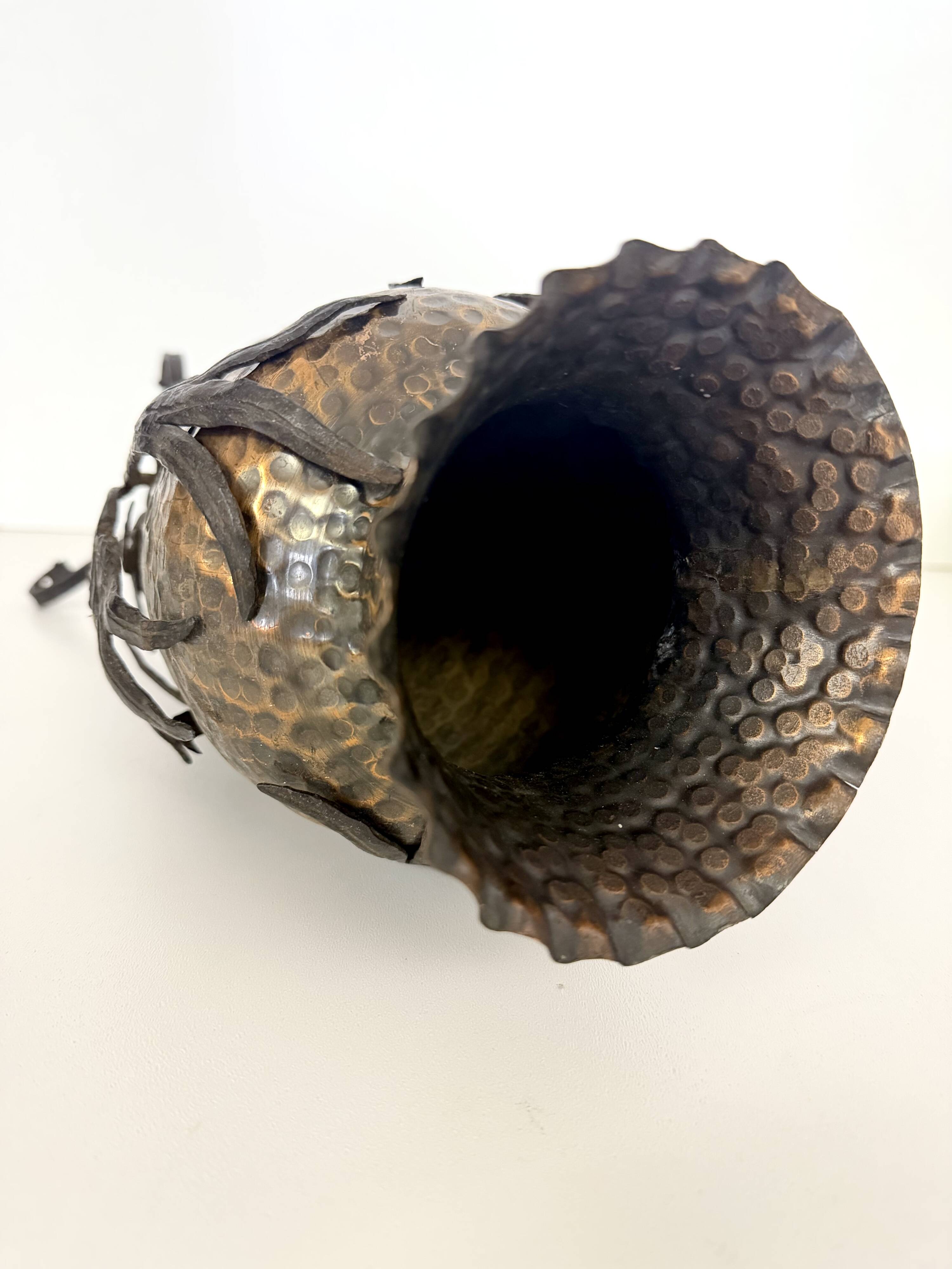 Copper Vase with Wrought Iron Snake and Leaves attr. to Alessandro Mazzucot