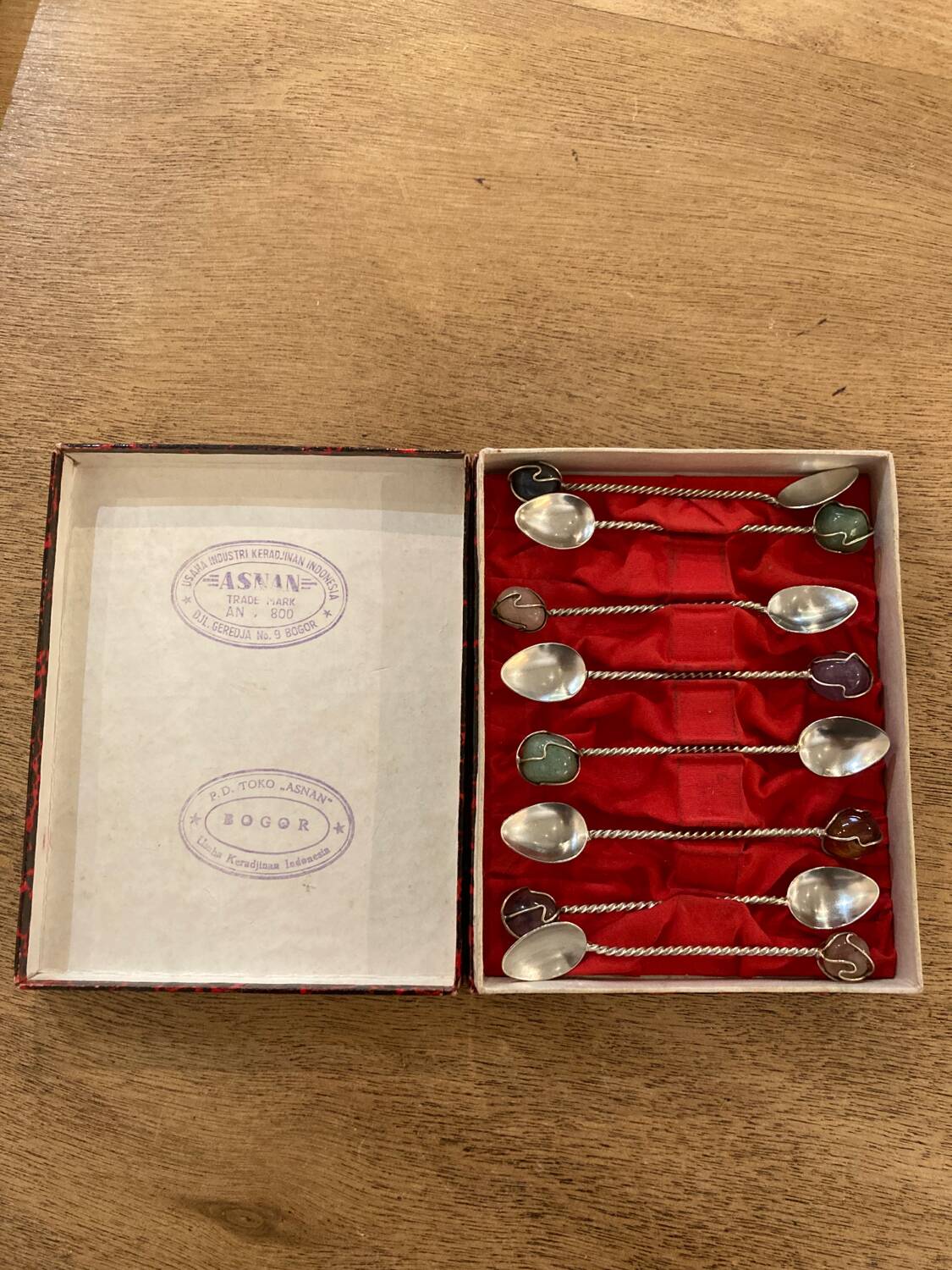 Box of 8 antique silver and stone spoons