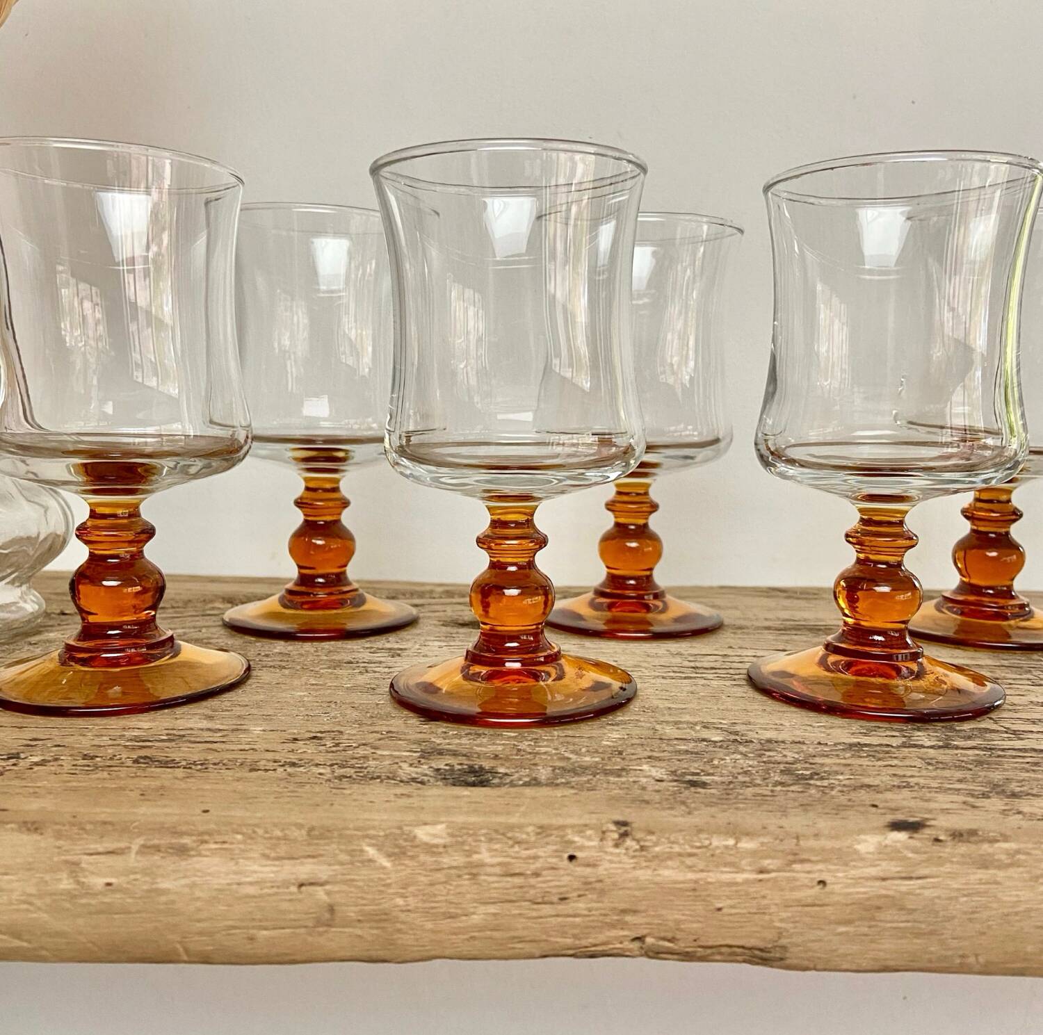 6 small vintage amber stemmed glasses