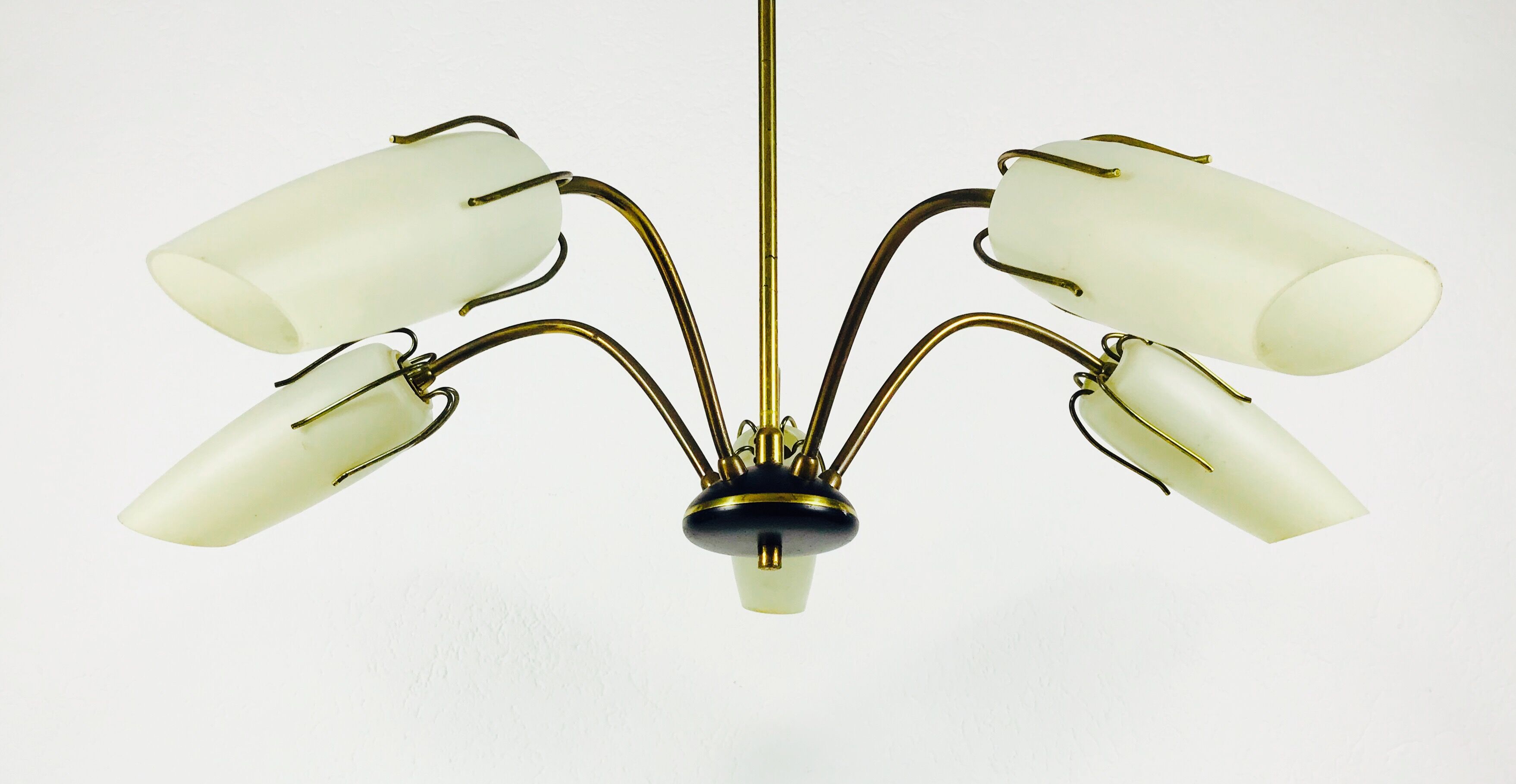 Mid century modern 5-arm opaline glass chandelier, 1950s