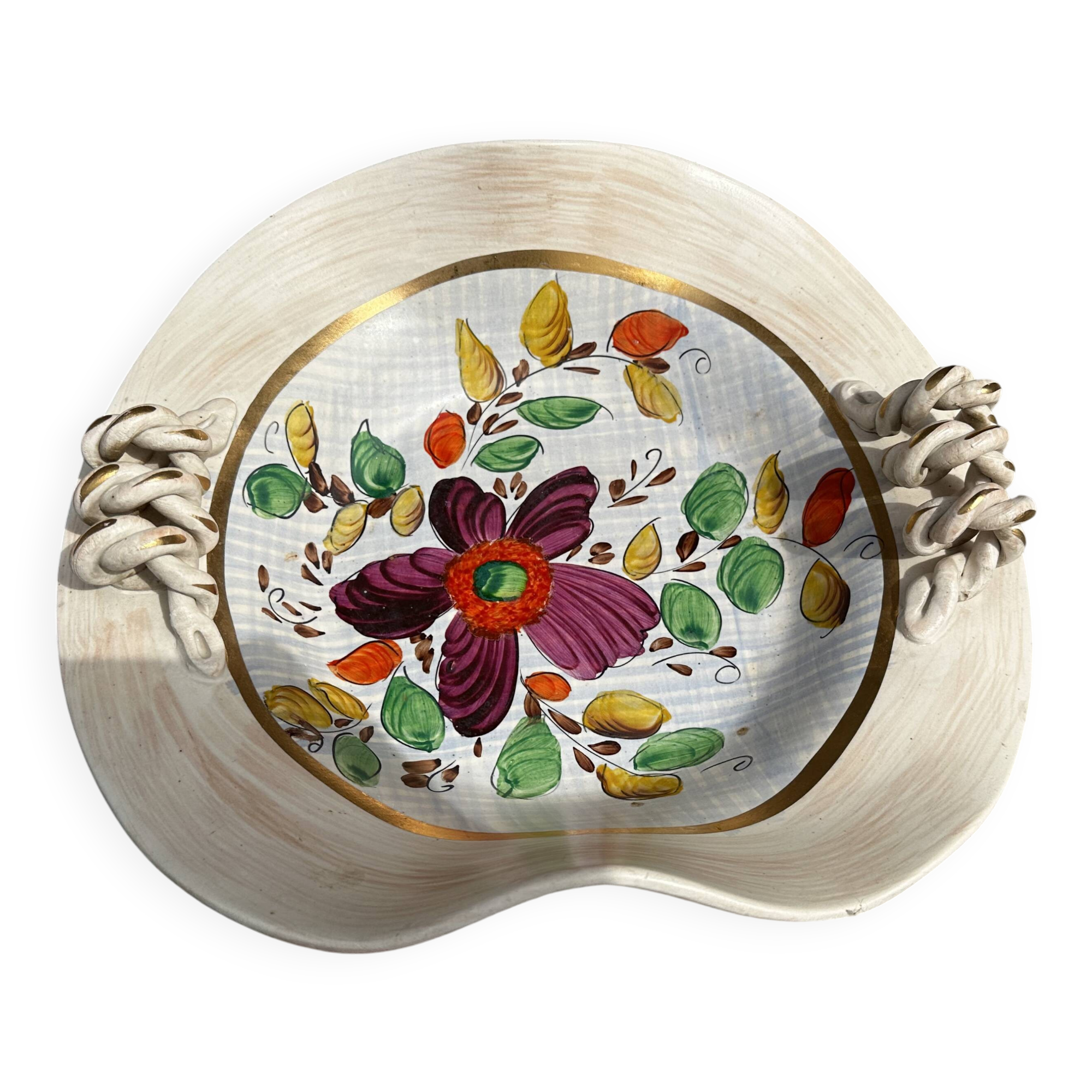 Painted ceramic fruit basket woven by Hubert Becquet, Quaregnon.