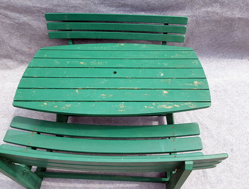 Wooden garden furniture, one table, two benches year 60