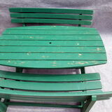 Wooden garden furniture, one table, two benches year 60