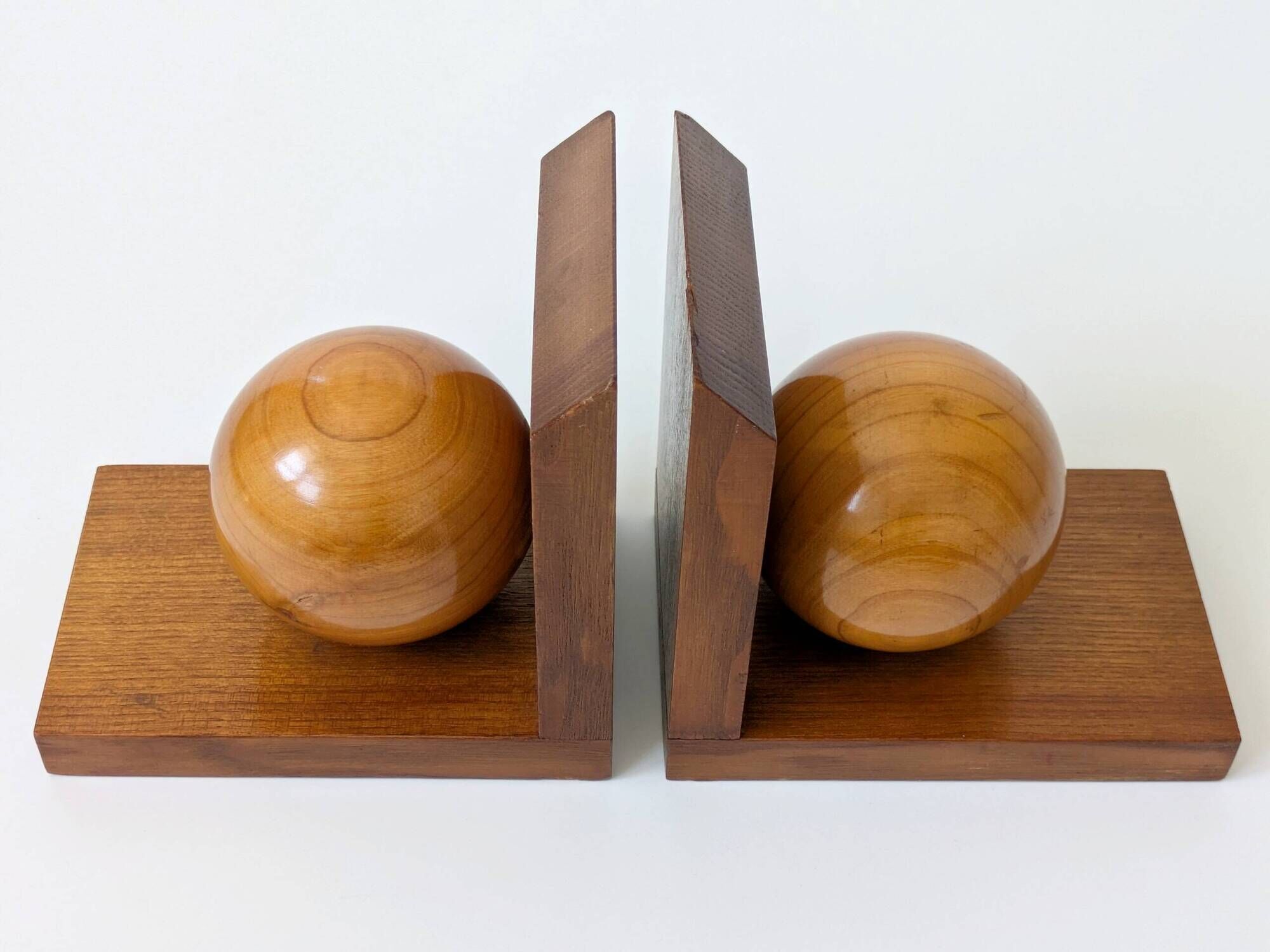 Pair of vintage bookends with polished wooden balls, Art Deco style