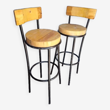 Paire 2 tabourets haut de bar bois et metal