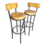 Pair 2 high bar stools wood and metal