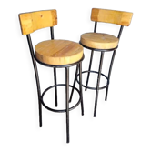 Paire 2 tabourets haut de bar bois et metal