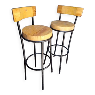Pair 2 high bar stools wood and metal
