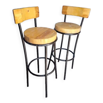 Paire 2 tabourets haut de bar bois et metal