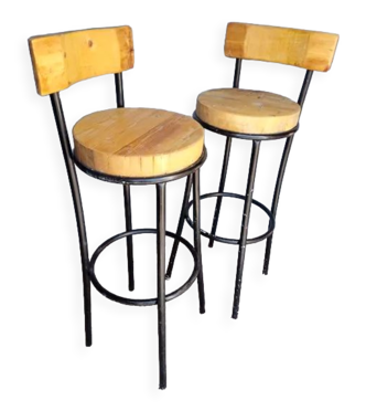 Paire 2 tabourets haut de bar bois et metal